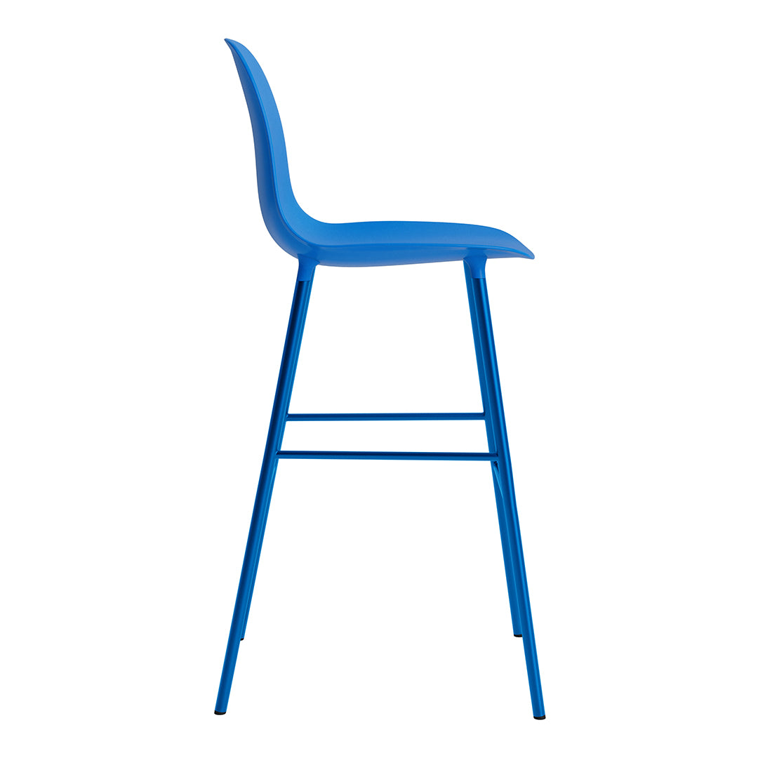 Blue high chair with a sleek, modern design and smooth, solid finish. Perfect for contemporary spaces.