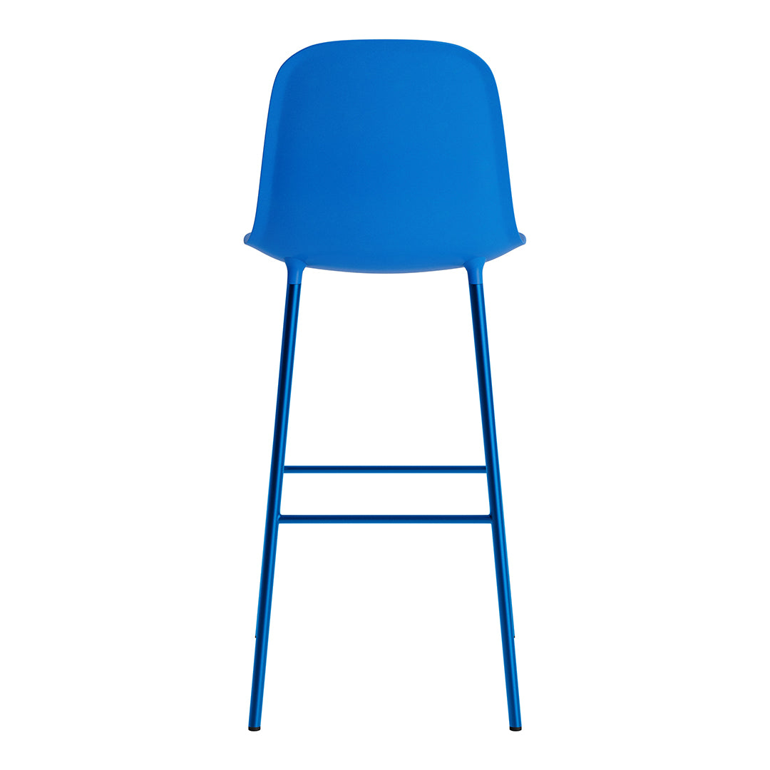 Bright blue bar stool with a smooth, modern design and sleek metal legs. Perfect for contemporary spaces.