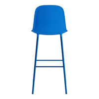 Bright blue bar stool with a smooth, modern design and sleek metal legs. Perfect for contemporary spaces.