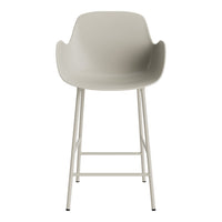 Light gray bar stool with smooth, minimalist design and white metal legs. Perfect for modern interiors.
