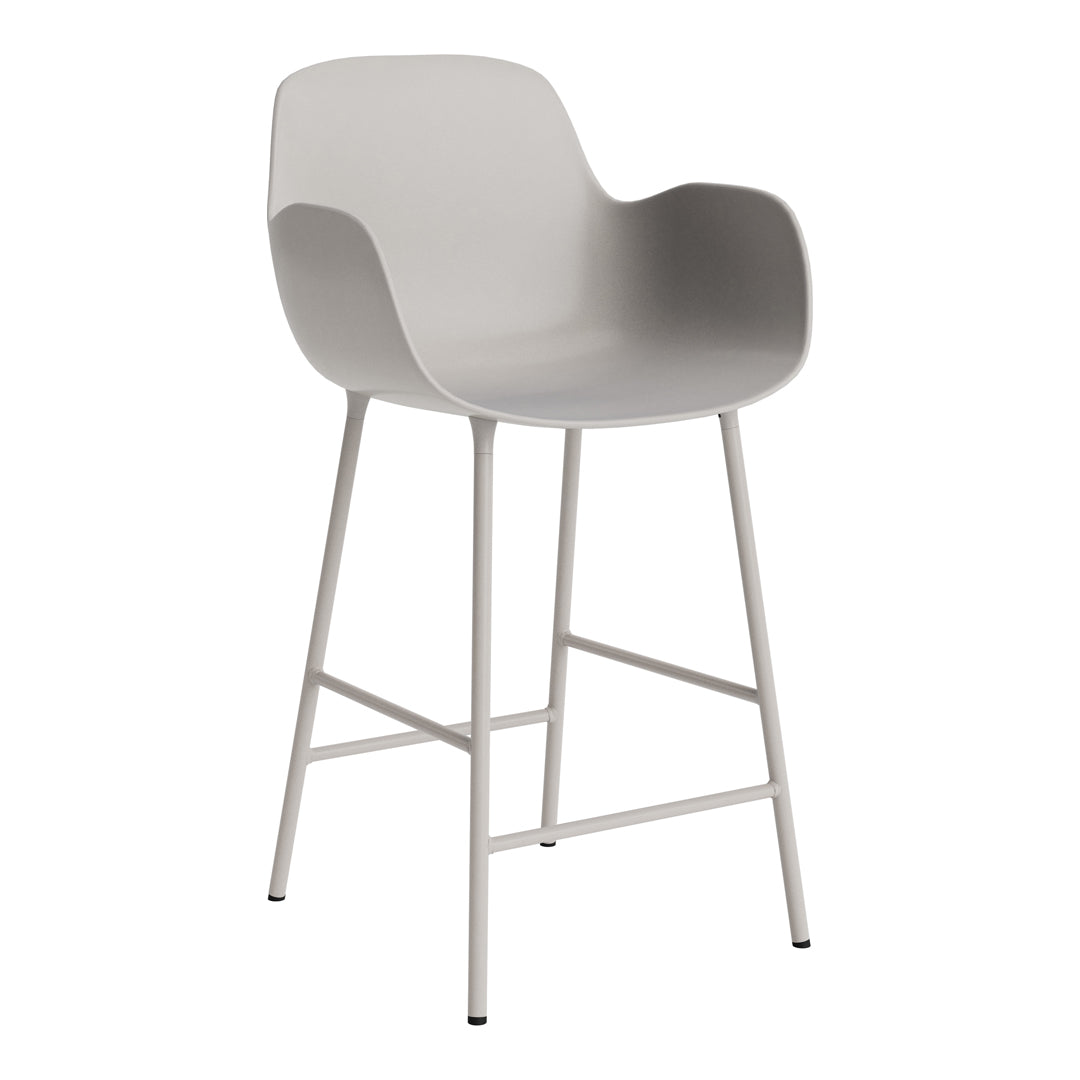 Gray modern bar stool with a minimalist design and light gray metal legs, featuring a smooth, curved seat.