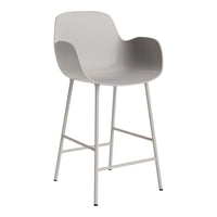 Gray modern bar stool with a minimalist design and light gray metal legs, featuring a smooth, curved seat.