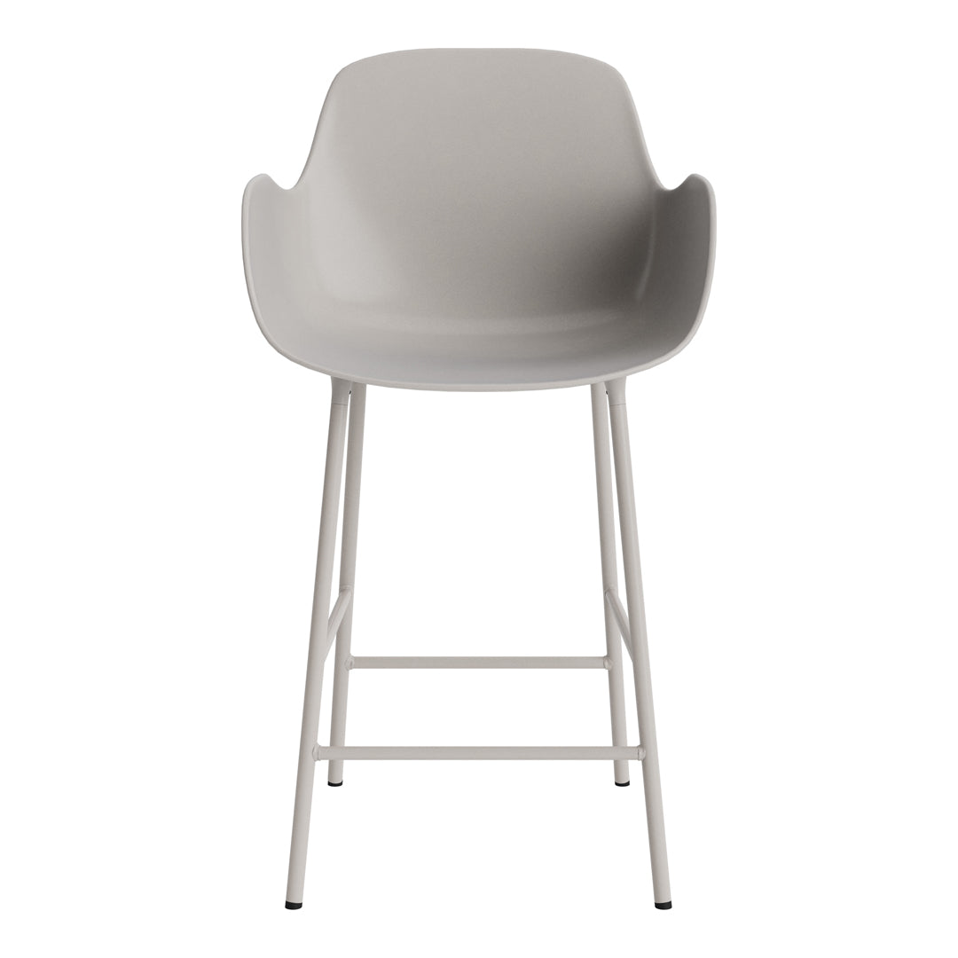 Gray plastic bar stool with a sleek design and white metal legs, featuring smooth, minimalist lines.