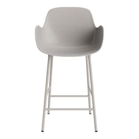 Gray plastic bar stool with a sleek design and white metal legs, featuring smooth, minimalist lines.