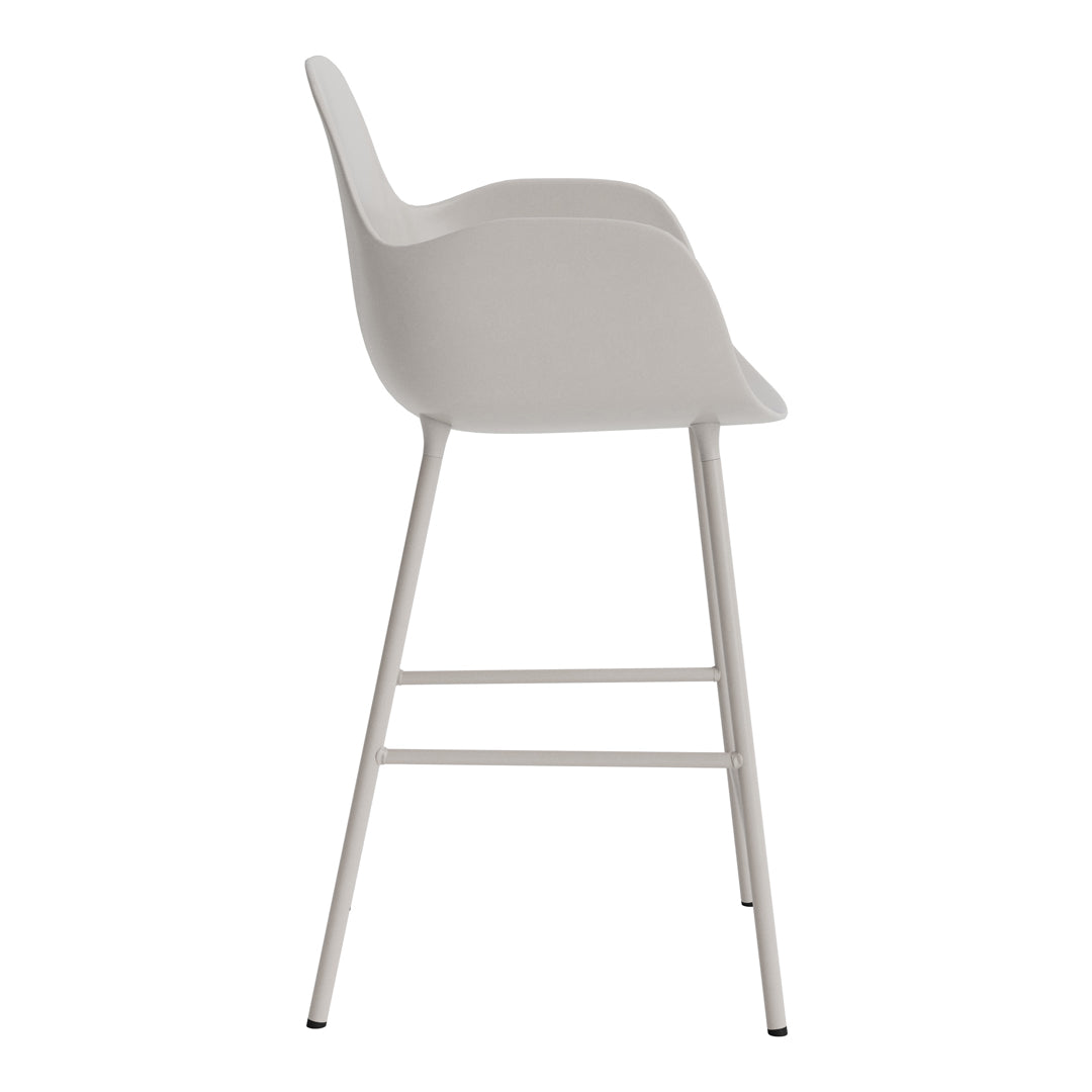 Light gray bar stool with a sleek, minimalist design and smooth curved seat, complemented by white legs.