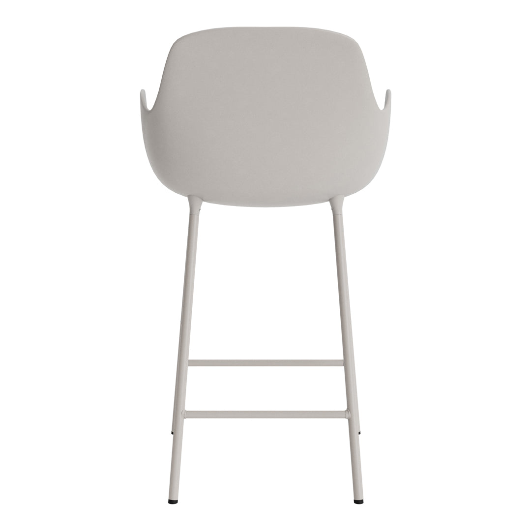Light grey bar stool with a minimalist design and smooth, curved backrest.