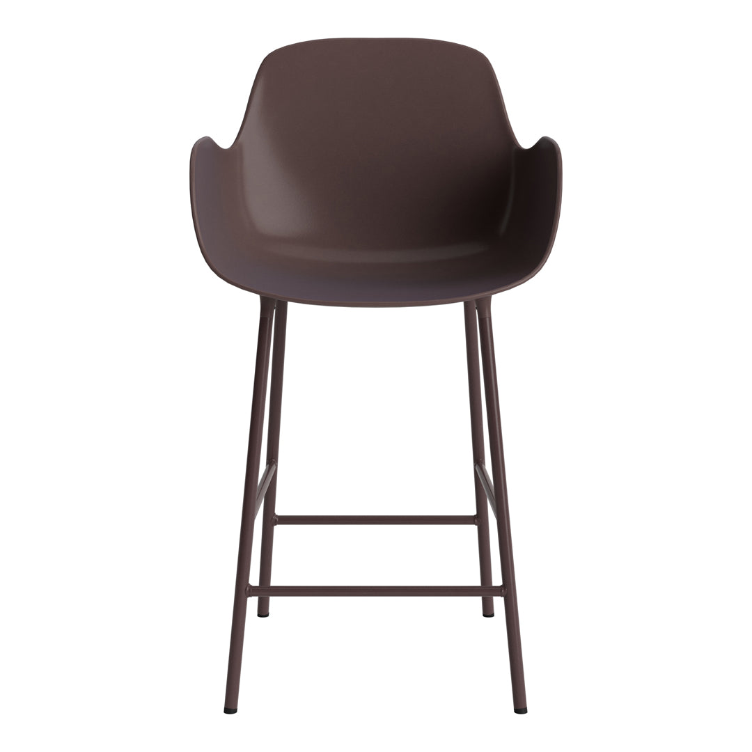 Brown modern bar stool with sleek design and minimalist armrests. Perfect for contemporary spaces.