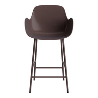 Brown modern bar stool with sleek design and minimalist armrests. Perfect for contemporary spaces.