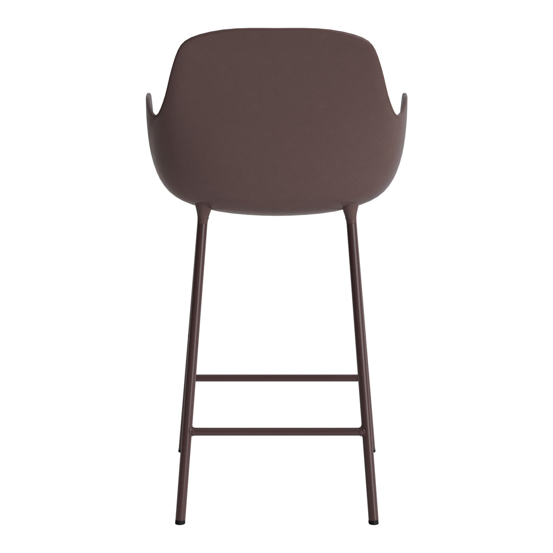"Modern brown bar stool with a smooth, minimalist design and sleek metal legs."