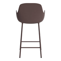 "Modern brown bar stool with a smooth, minimalist design and sleek metal legs."