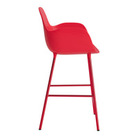 Red modern bar stool with sleek lines and a minimalist design, featuring a smooth plastic seat and metal legs.