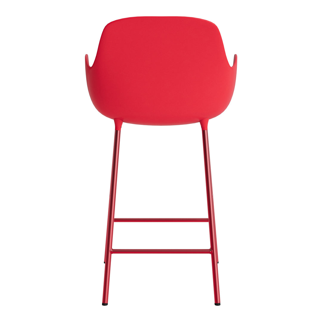 Red modern bar stool with a sleek, minimal design and sturdy metal legs, perfect for contemporary decor.