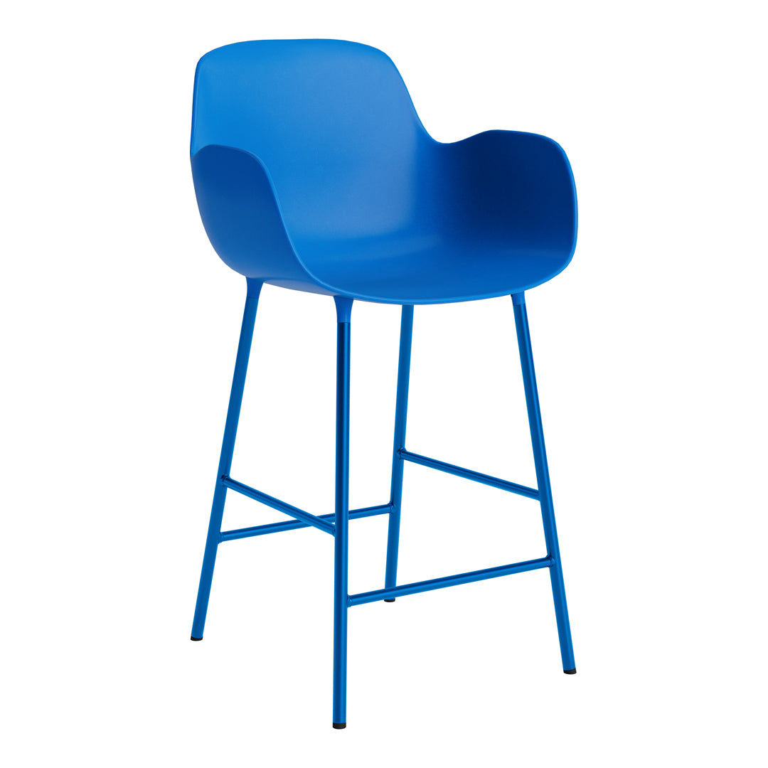 Solid blue bar stool with a smooth, modern design and minimalist metal legs. Perfect for stylish indoor spaces.