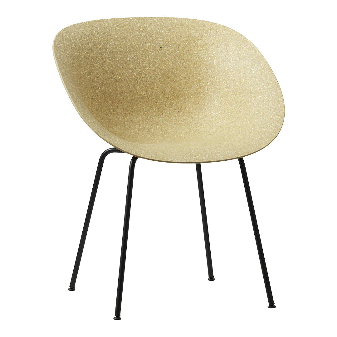 Beige molded chair with a speckled texture and sleek black legs, perfect for modern decor.