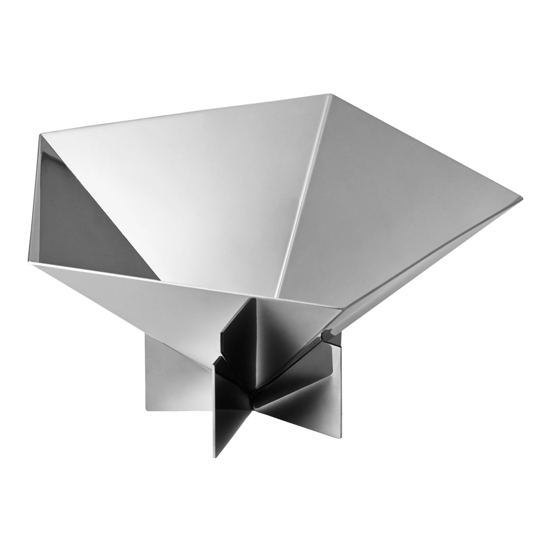 Sleek silver geometric bowl with a modern angular design, perfect for contemporary decor.