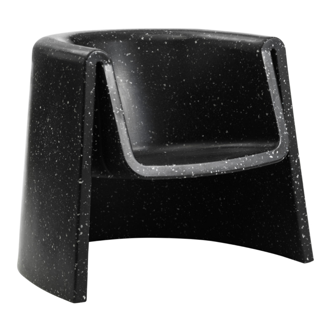 Black chair with a sleek, modern design featuring a speckled texture, perfect for contemporary decor.