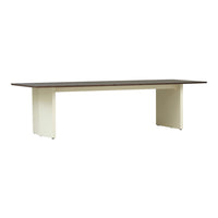 Modern dining table with a dark wood top and cream-colored legs, featuring a sleek and minimalist design.