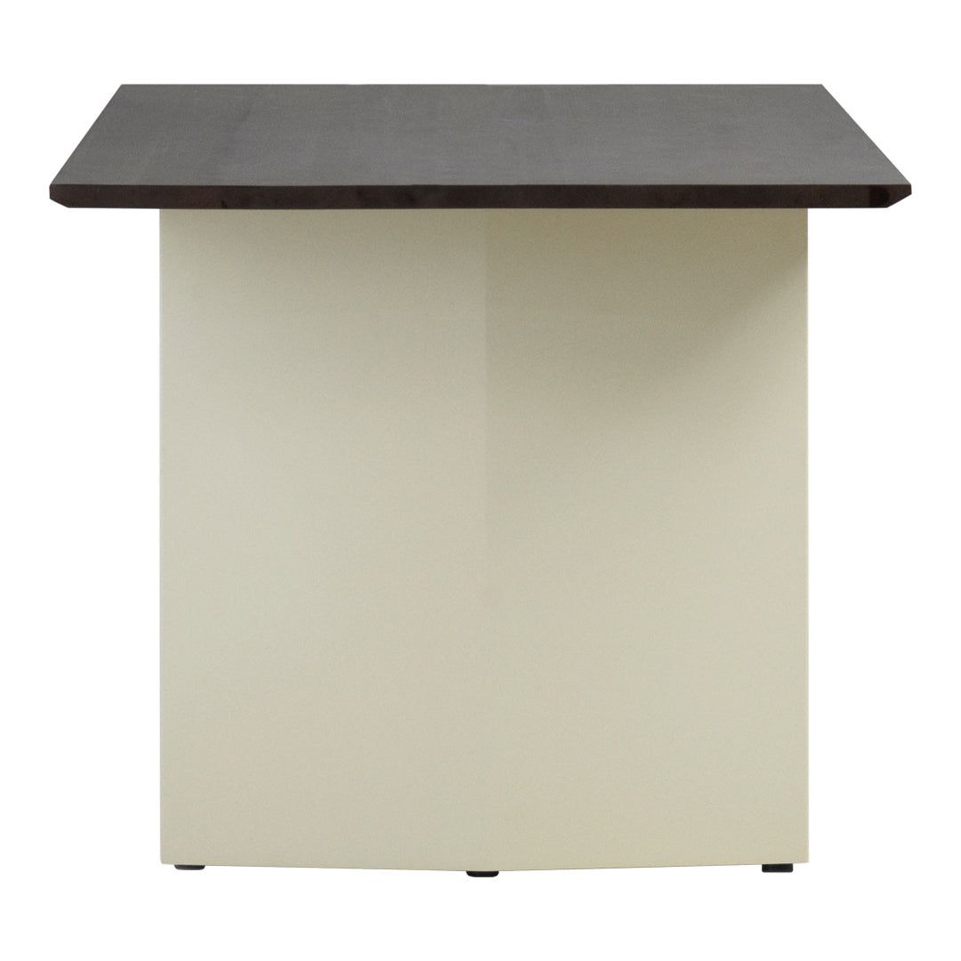 Dark brown tabletop with a smooth finish, supported by a cream-colored base for a modern contrast.