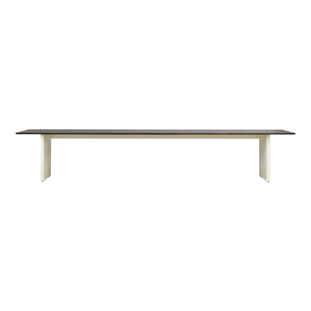Rectangular table with a rich brown top and cream-white legs, offering a minimalist and modern aesthetic.