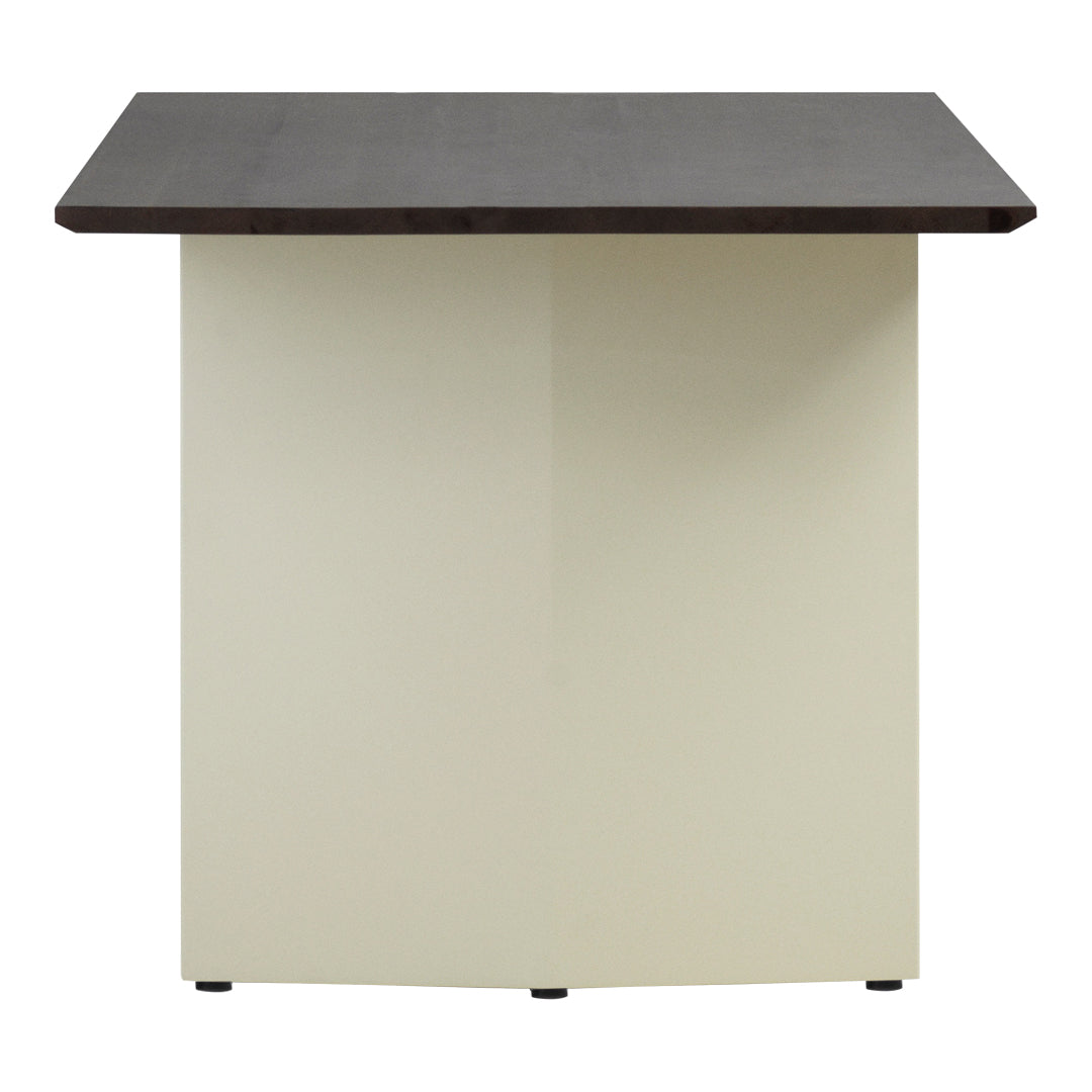 Dark brown tabletop with a smooth finish, paired with a sleek cream-colored base for a modern contrast.
