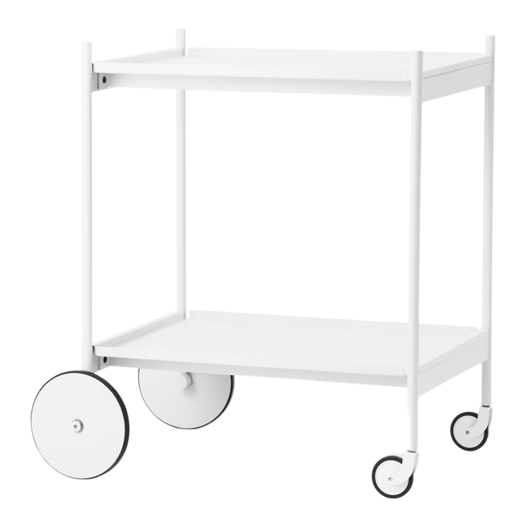 White two-tier cart with sleek design and black wheel accents, perfect for modern interiors.