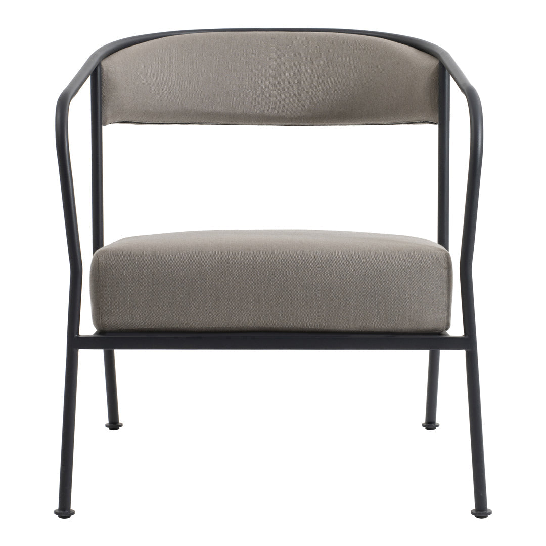 Gray cushioned chair with a sleek black metal frame, featuring a modern minimalist design.