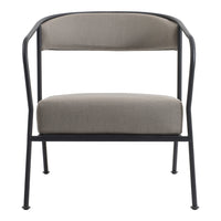 Gray cushioned chair with a sleek black metal frame, featuring a modern minimalist design.