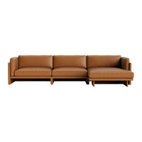 Brown leather sectional sofa with clean lines and minimalist design, perfect for modern interiors.