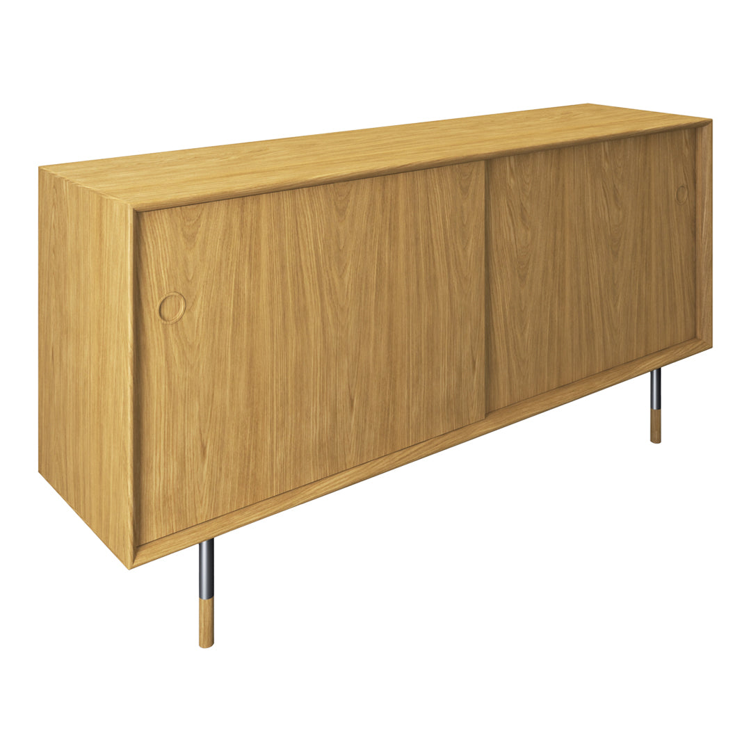 Light oak sideboard with smooth, natural wood grain and sleek metal legs. Modern minimalist design in warm tones.