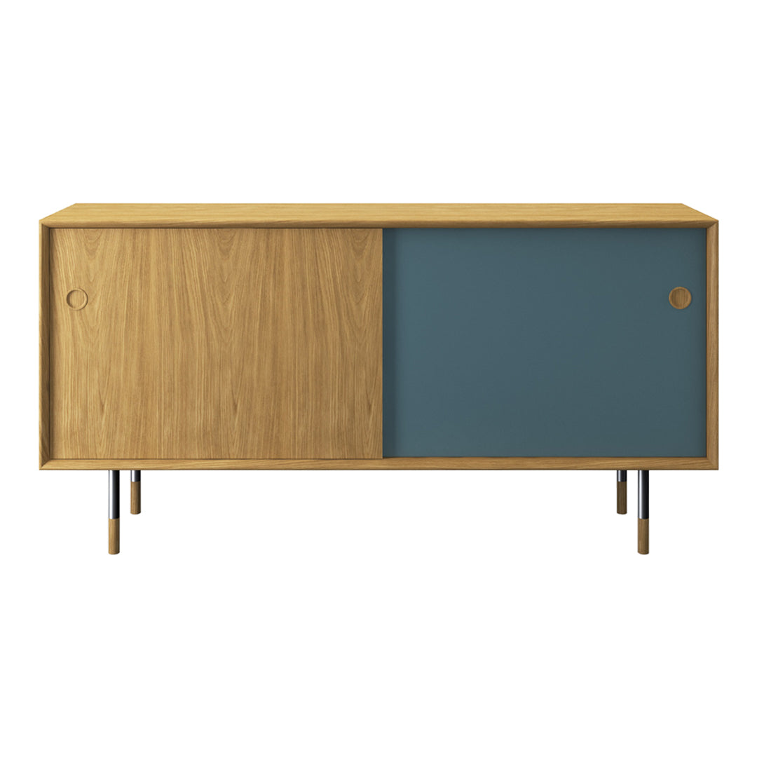 Wooden sideboard featuring natural oak finish with a teal sliding door and minimalist design. Perfect for modern decor.