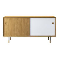 Modern wooden sideboard with a natural oak finish and a sleek white sliding door, featuring clean lines and minimalistic design.