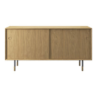 Natural wood grain sideboard in light oak finish with smooth sliding doors and minimalist silver legs.