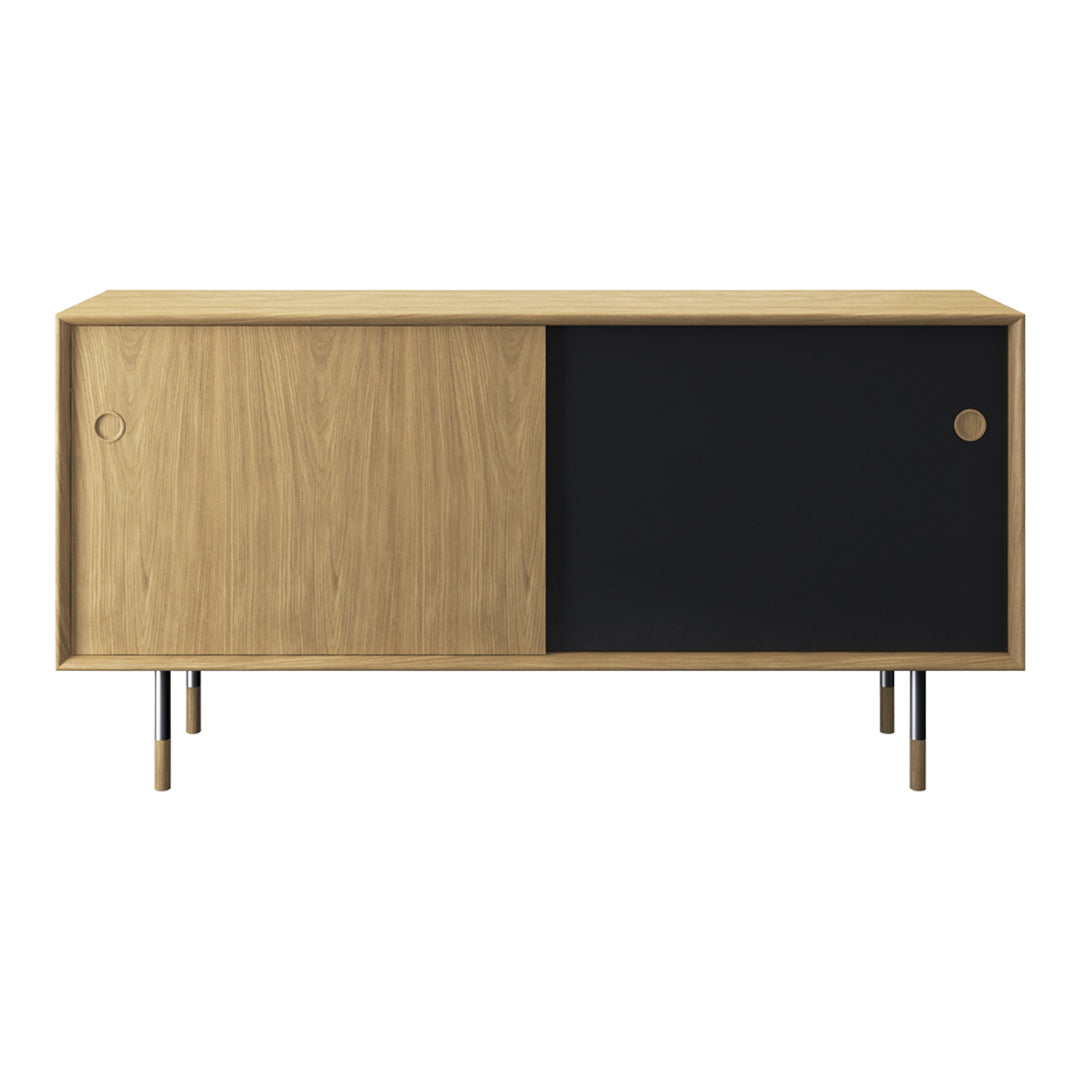 Wooden sideboard featuring a natural oak finish with a sleek black sliding door, minimalist design, and modern legs.