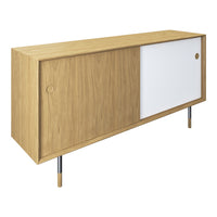 Light wood grain sideboard with a sleek white sliding door and metal legs, minimalistic design perfect for modern decor.