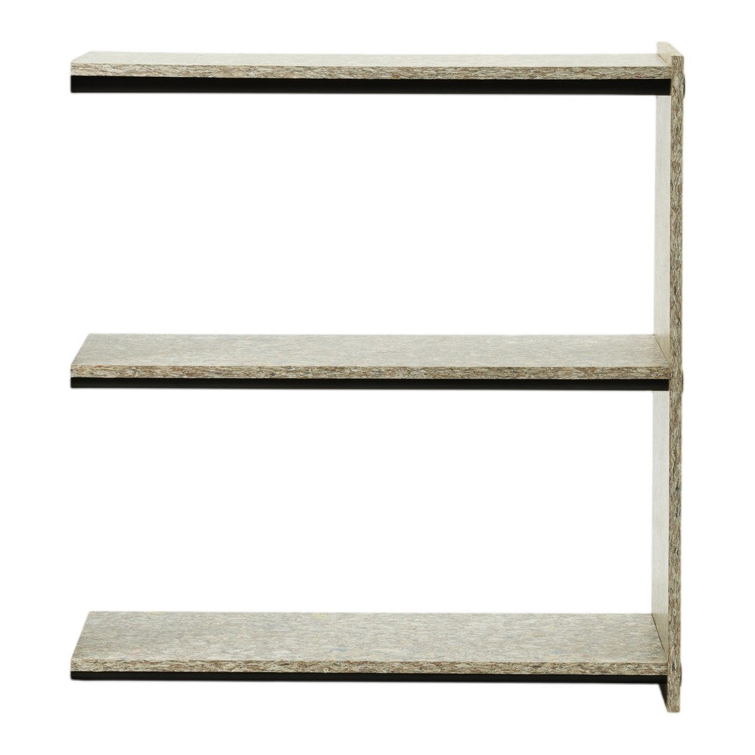 Three-tiered shelf with a textured light gray finish and sleek black accents. Modern design for any space.