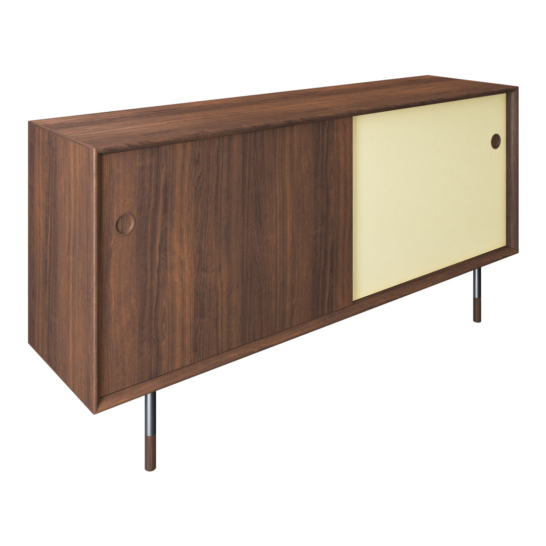 Mid-century modern buffet in rich walnut wood with a smooth cream-colored sliding door. Clean lines and elegant design.