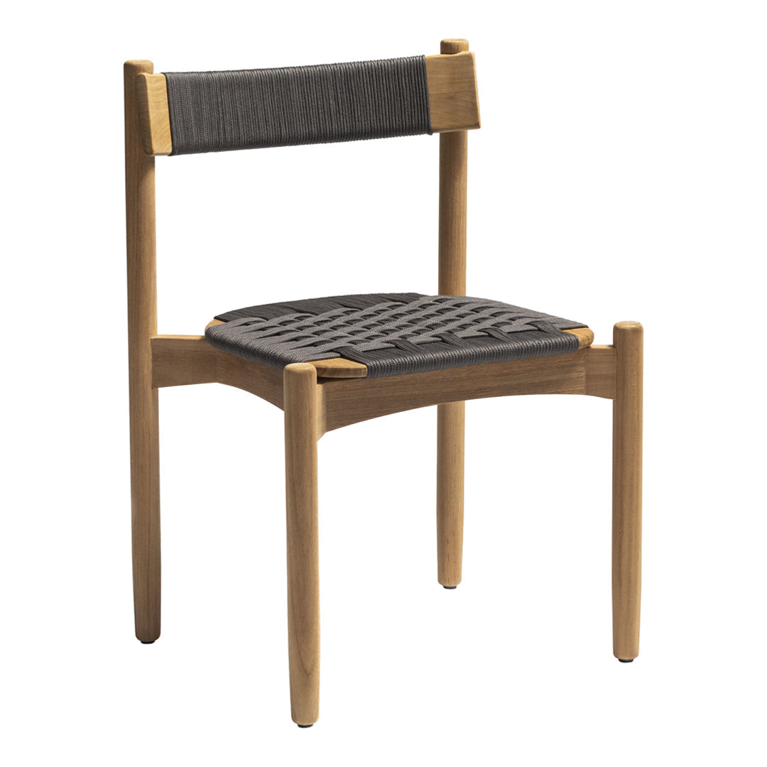 Natural wood chair with a sleek gray woven seat and back, featuring a minimalistic design and textured patterns.