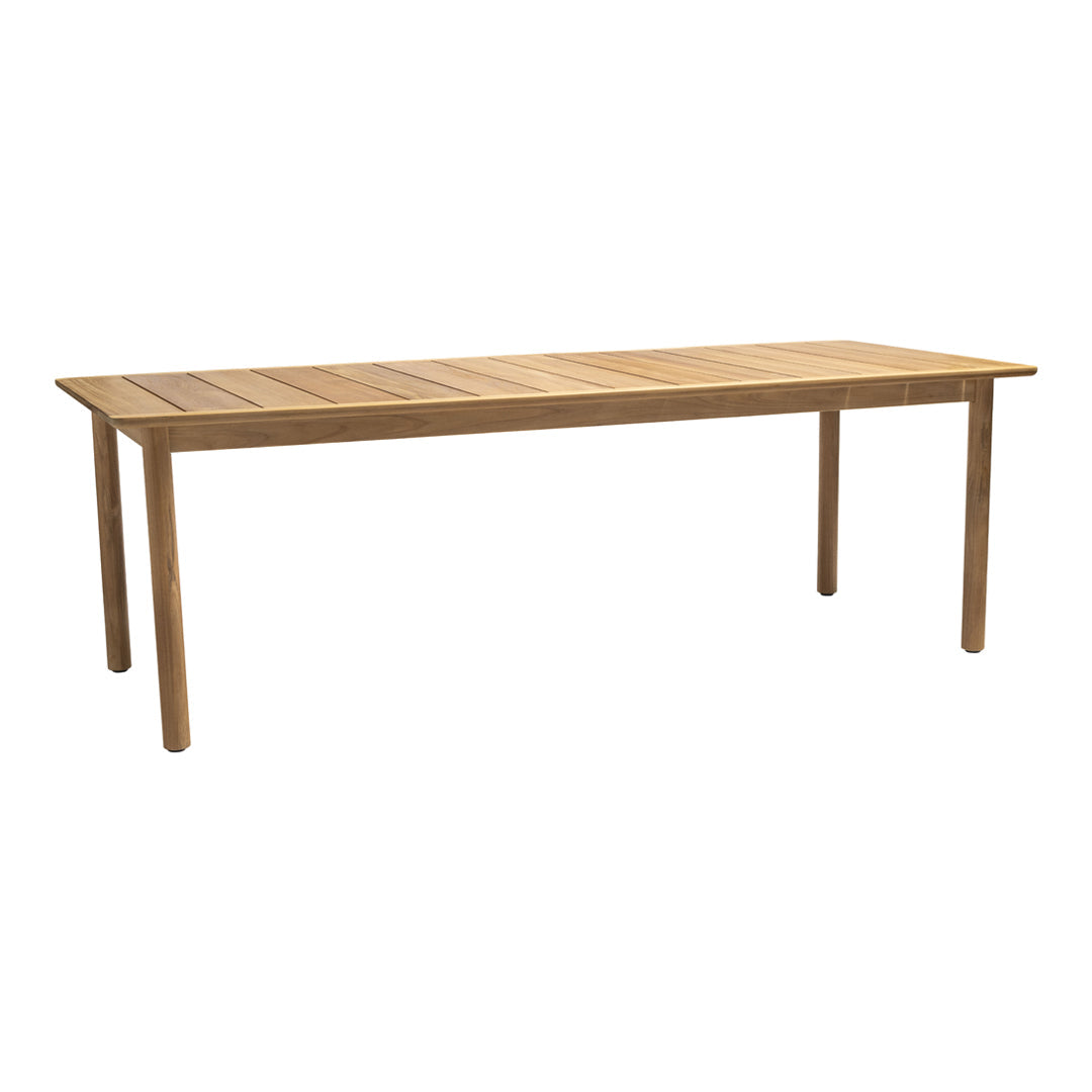 Light brown wooden dining table with a smooth, slatted surface and simple, straight legs.