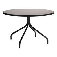Round tabletop in sleek black with a smooth surface, featuring a minimalist design and stylish black legs.