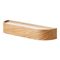 Natural wood shelf with a smooth curved design, featuring light oak tones and a sleek white interior.