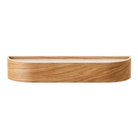 Wooden storage tray featuring a light oak finish with smooth, curved edges and a minimalistic design.