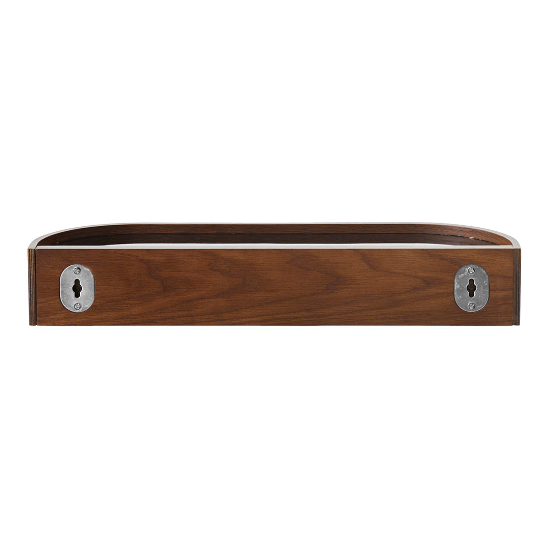 "Rich brown wooden tray with metal accents, featuring a smooth, curved design."