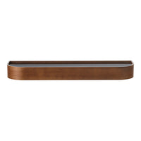 "Long, smooth wooden shelf in a rich walnut finish with a sleek dark gray surface."