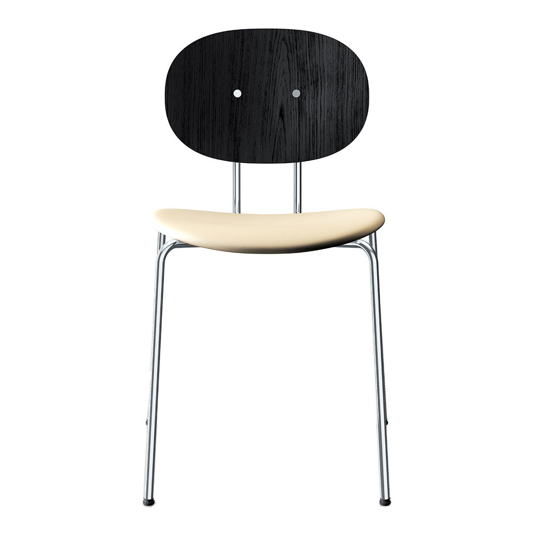 Black wood chair with a smooth beige seat and sleek chrome legs, featuring a minimalist design and modern aesthetic.