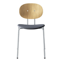 Modern chair with a natural wood backrest, sleek gray cushion, and chrome legs for a minimalist look.