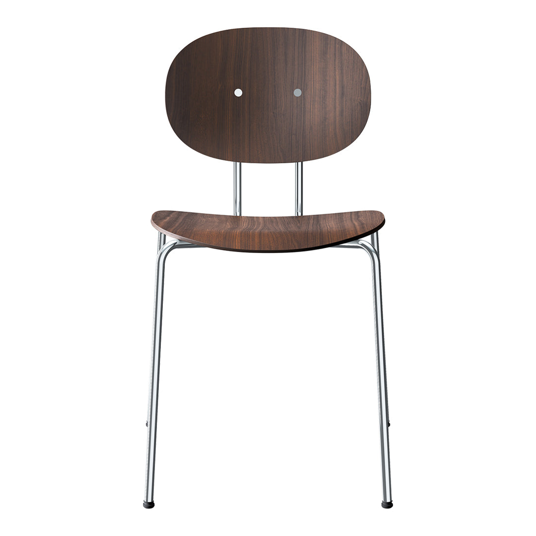 Wooden chair with a rich walnut finish and a smooth, minimalist design, complemented by sleek chrome legs.