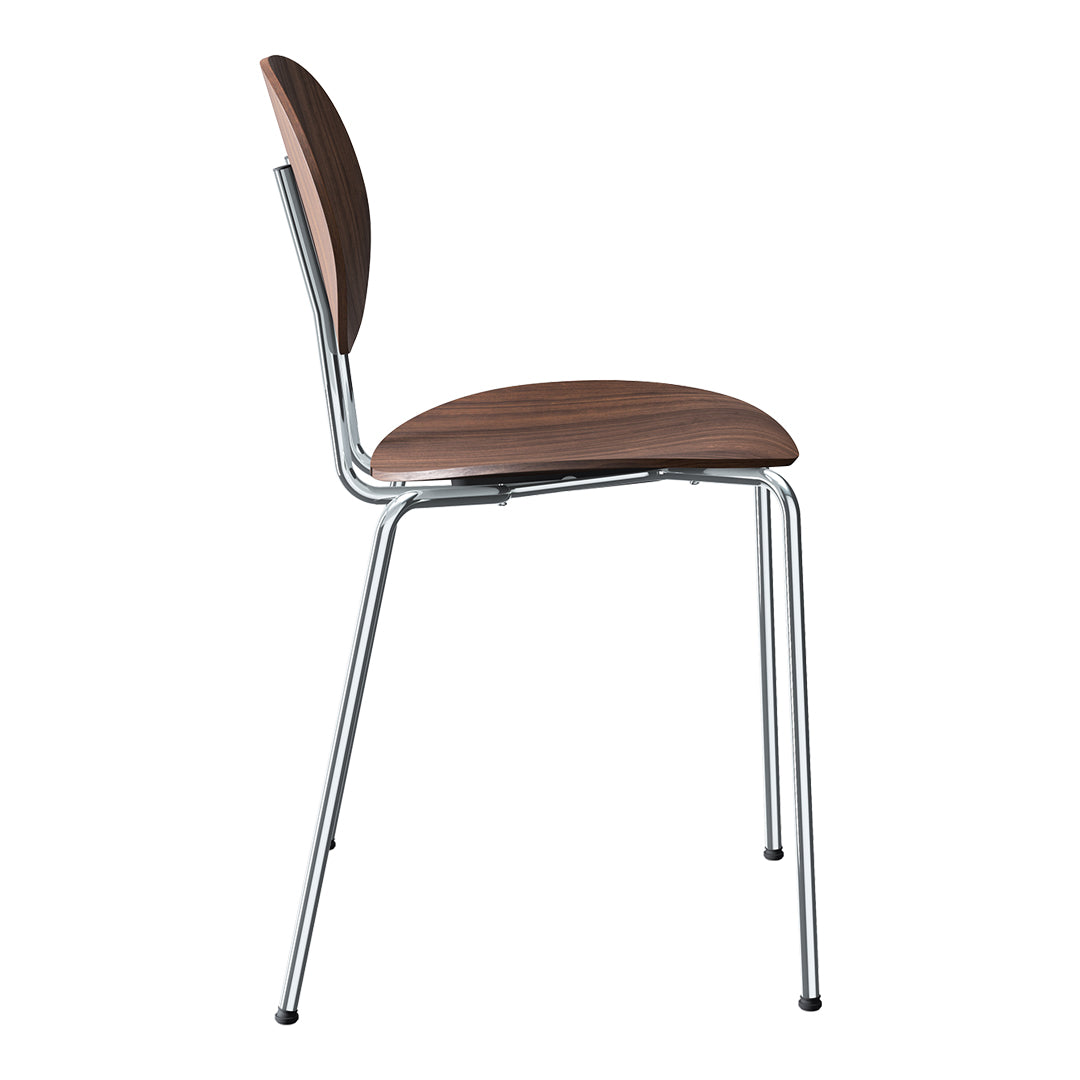 Modern chair with a sleek chrome frame and a walnut wood seat in a minimalistic design.