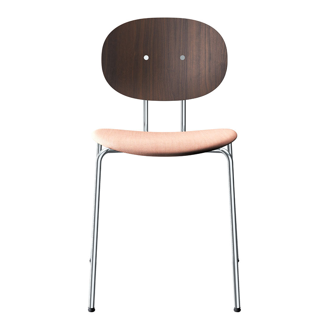 Modern chair featuring a dark wood back, soft pink cushion, and sleek silver legs, combining comfort with style.