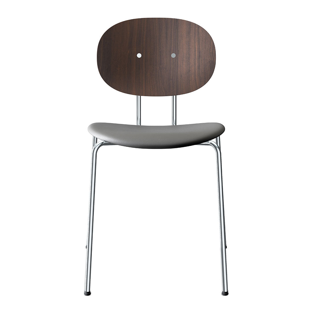 Modern chair with a dark wood backrest and sleek gray seat, complemented by a polished chrome frame. Simple and stylish design.