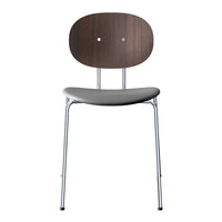 Modern chair with a dark wood backrest and sleek gray seat, complemented by a polished chrome frame. Simple and stylish design.